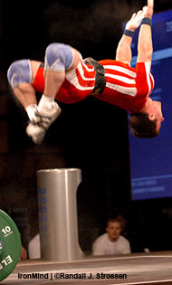 Henadzi Aliashchuk (Belarus) celebrates his 197-kg European record clean and jerk. Bill Kazmaier, getting pretty cosmic, once told IronMind that he was inspired to lift [such huge weights] because he was frustrated by his inability to master levitation. Wonder if Aliashchuk ever thought about that? IronMind® | Randall J. Strossen, Ph.D. photo.