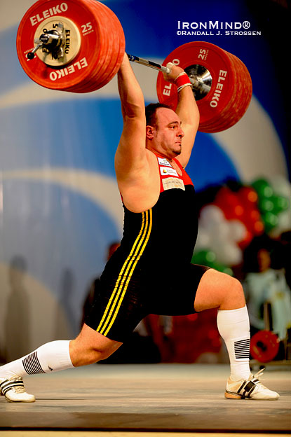Almir Velagic, the 2009 German national champion in the snatch, stuck this personal record 235-kg clean and jerk at the European Weightlifting Championships two weeks ago.  IronMind® | Randall J. Strossen photo.