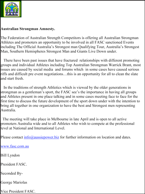 This is the letter announcing Bill Lyndon’s proposed amnesty for Australian strongman competitors.  IronMind® | Courtesy of Bill Lyndon.