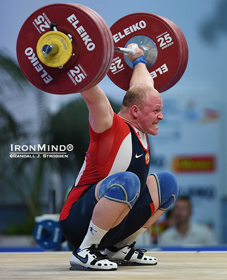 Gold medalist in the total in the 105-kg category, Andrey Demanov (Russia) fought for every lift—including this third attempt 183-kg snatch.  IronMind® | Randall J. Strossen photo