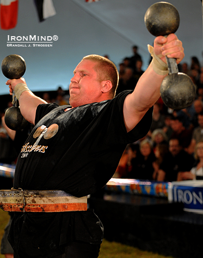 Andrus Murumets on the crucifix at Fortissimus in 2008.  The Estonian grip strength and strongman star was slowed down by some health concerns, but hopes to return to competition in 2011.  IronMind® | Randall J. Strossen photo. 