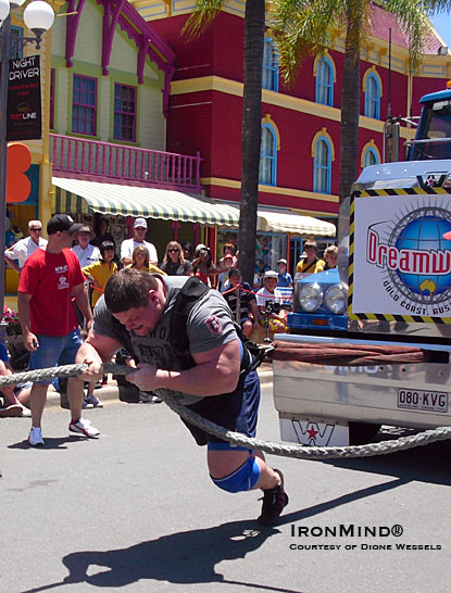 Andy Vincent won the tough truck pull in Australia yesterday.  IronMind® | Photo courtesy of Dione Wessels.