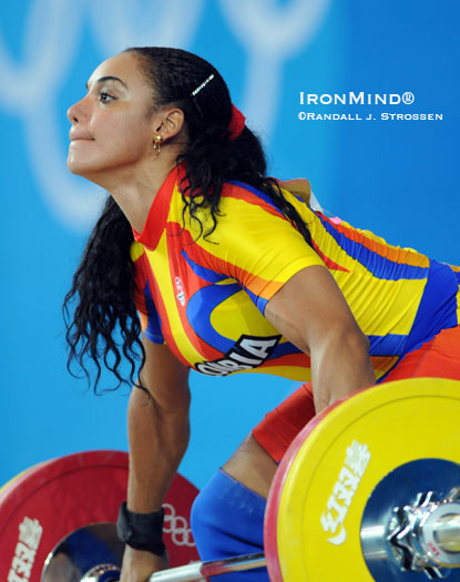 Columbian weightlifter Angelina Medina ripped this 100-kg, the first of three successful attempts she made in the snatch at the 2008 Olympics.  IronMind® | Randall J. Strossen photo.