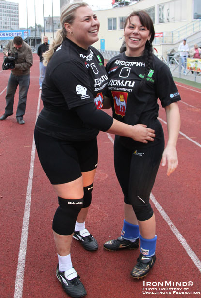 Organized by Uralstrong Federation, Marina “The Armor” Kigileva (left) and Aneta Florczyk (right) met in a two-event matchup featuring strongman favorites, the farmer’s walk and a bus pull.  IronMind® | Photo courtesy of Uralstrong Federation.