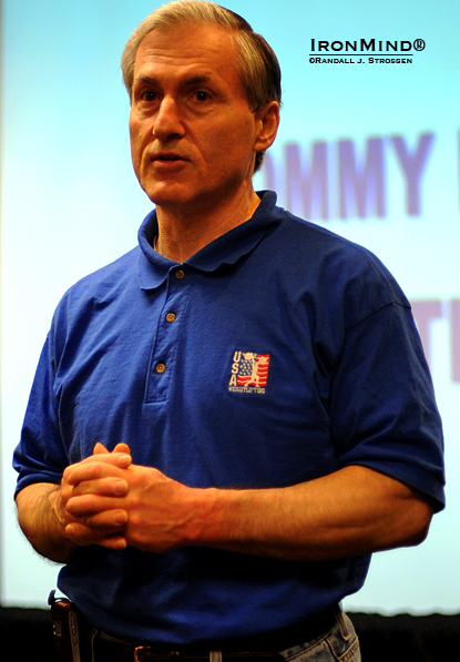 Artie Drechsler introduces Olympic weightlifting champion Tommy Kono, who held a seminar in conjunction with the AOBS reunion and dinner.  IronMind® | Randall J. Strossen photo.