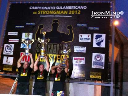 Here are the top three from the Brazilian Amateur Strongman Championships (left to right): Marcos Morais (second), Marcos Ferrari (first place) Nilson Prado (second place).  IronMind® | Photo courtesy of ASC. 