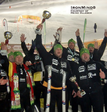 Martin Wildauer (center) took top honors at the Austrian Winter Giant strongman contest last weekend in Schladming, Austria.  IronMind® | Photo courtesy of Heinz Ollesch. 