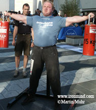 Franz Beil, doing the crucifix, on his way to winning the World Strongman Cup event in Nuernberg, Germany yesterday. IronMind® | Martin Muhr photo.