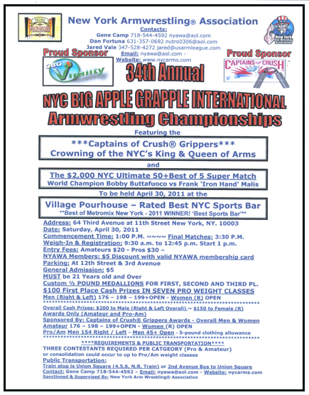 NYAWA presents the Big Apple Grapple 34 on April 30.  IronMind® | Courtesy of NYAWA.