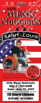 Rick Fowler designed commemorative tickets for the USAPL Men's Nationals in St. Louis this summer, with a different ticket for each of the three days of competition. Brad Gillingham is one of the three lifters who is honored this way: "We are very proud of Brad and what he has accomplished," Rick Fowler told IronMind®. IronMind® | Artwork courtesy of Rick Fowler.