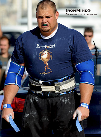 Strongman: It’s where the big dogs play.  Come to Muscle Beach (Venice, California) and see Brian Shaw (who stands 6' 8" tall and weighs 390 lb.) and other big names from the professional strongman circuit.  IronMind® | Randall J. Strossen photo.  
