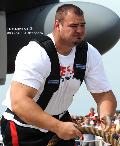 Brian Shaw, shown testing the Plane Pull at the 2008 MET-Rx World's Strongest Man contest, is expected to have a huge 2009, so plan to be on hand when Brian Shaw and other top strongman competitors kick off next year's strongman season at the All-American Strongman Challenge. IronMind® | Randall J. Strossen photo.