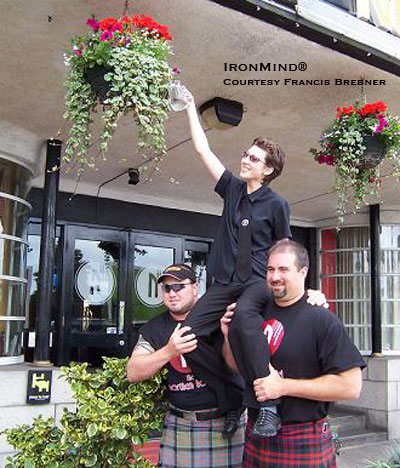 Larry Brock (left) and Sean Betz (right) make themselves useful at the Northern Hotel (Aberdeen, Scotland) by giving Olga, "the front desk operator," a boost. IronMind®