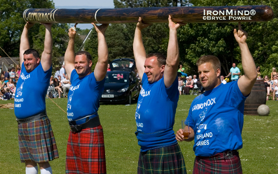 IronMind News/Carmunnock Highland Games: “Here is the picture of the four men who made it through to the challenge caber—Scott and the others made a toast with whisky before the challenge began,” Colin Bryce reported.  Left to right: Sebastian Wenta, Gregor Edmunds, Hans Lolkema, Scott Rider.  IronMind® | Bryce Powrie photo