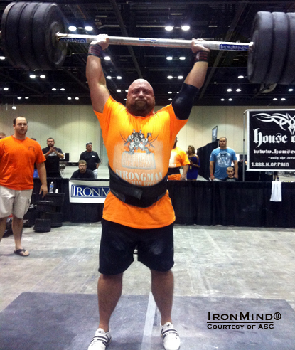 Chad Robison push pressed 405 lb. on the IronMind Apollon’s Axle for a new national amateur record.  IronMind® | Photo courtesy of ASC.