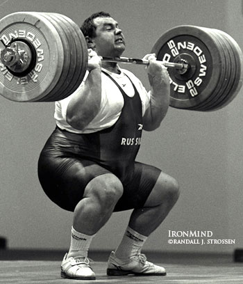 On his way to cleaning and jerking 262.5 kg, Andrei Chemerkin (Russia) won the 1997 World Weightlifting Championships in Chiang Mai, Thailand, and he will be on hand when the world championships return to Chiang Mai next week. IronMind® | Randall J. Strossen, Ph.D. photo.