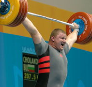Super heavyweight (+105 kg) Velichko Cholakov (Bulgaria) hit this huge 207.5-kg snatch at the Athens Olympics, on his way to the bronze medal. IronMind® | Randall J. Strossen, Ph.D. photo.