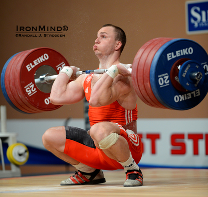 When 94-kg competitor Anatoli Ciricu cleaned and jerked this 224 kg at the 2012 European Weightlifting Championships, he joined the elite +400-kg club.  IronMind® | Randall J. Strossen photo.