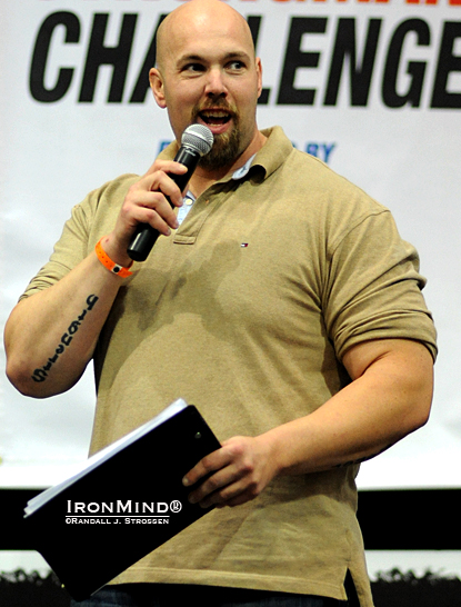 Clay Edgin might be best known as a leading figure in lower arm strength a few years ago (he is certified on the Captains of Crush No. 3 gripper and the Red Nail), but at the 2012 LA FitExpo he showed that he can also hold his own behind a microphone.  Capping things off, Clay was also the first person in the world to certify on the Crushed to Dust!® Challenge.  IronMind® | Randall J. Strossen photo.