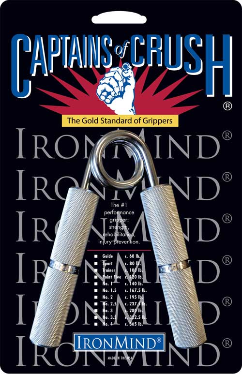 The latest edition of Captains of Crush gripper packaging: This bold black beauty showcases the gripper that changed the world of grip strength.  Artwork courtesy of IronMind Enterprises, Inc.