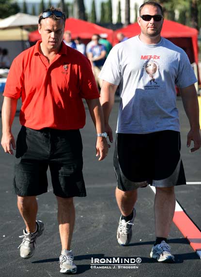 There’s a lot of World’s Strongest Man DNA in this photo: Colin Bryce (left) and Gregor Edmunds (right) are longstanding vital cogs in the strongman contest all strongmen most want to win.  Among their credits, Bryce runs Giants Live, the official qualifying tour for WSM, and Edmunds carries on his family’s proud strongman tradition as he works on WSM event and equipment design.  IronMind® | Randall J. Strossen photo.