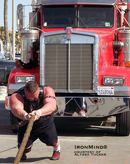 The truck pull provided the perfect proving ground at the the 2010 Southern California’s Strongest Man contest: Dan Harrison had the horsepower to move the truck, and he motored into first place.  IronMind® | Photo courtesy of Alyssa Tucker.