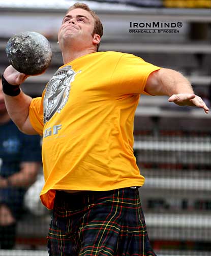 Dan McKim on the Braemar stone in Pleasanton, California earlier this year, where he won the overall individual title in the professional class and, along with teammate Jon O’Neil, also won the IHGF World Highland Games Team Championships.  IronMind® | Randall J. Strossen photo.