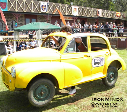 Daniel Macri motors along in the Car Walk (398 kg, 20 meters).  IronMind® | Photo courtesy of Bill Lyndon.