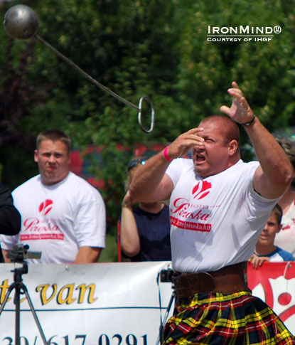 Not your traditional Highland Games Hammer, the Hungarian Hammer weighs 29 lb. and has a metal handle and shaft.  IronMind® | Courtesy of IHGF.