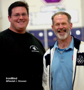 Dave Brown and Jim Schmitz at the PWA weightlifting meet yesterday at Sacramento High School. IronMind® | Randall J. Strossen, Ph.D. photo.