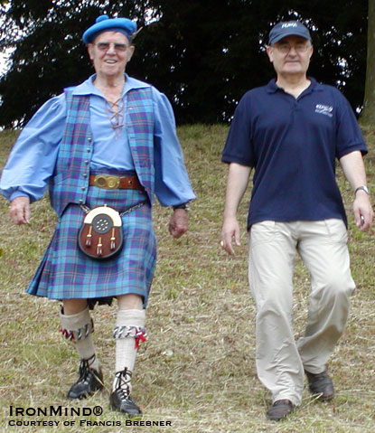 David Webster, OBE (left) and Jean-Louis Coppet, on site in Bressuire, France, host of the first leg of the 2010 IHGF World Highland Games Super Series.  IronMind® | Photo courtesy of Francis Brebner.