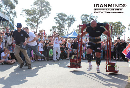 “In his preparation for his 8th WSM, Derek [Boyer] has been training hard for the big event with special mention of his Yoke training.  Derek considers this his signature event and over the years has set some great times with big poundages,” said Bill Lyndon.  IronMind® | Courtesy of Carlene Raschke/WhoWhatWhere Magazine.