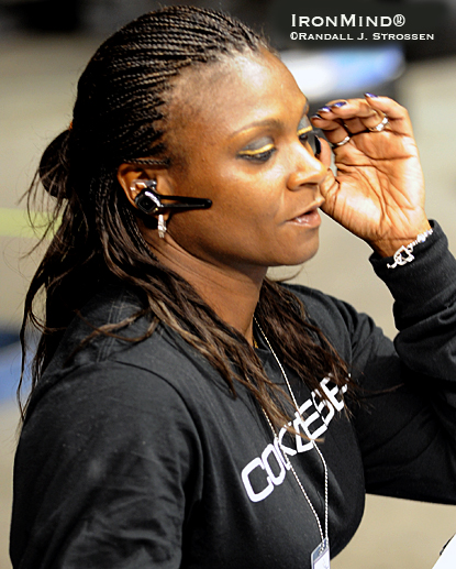 Plugged in and ready to do the scorekeeping at the recent Super Series Mohegan Sun Grand Prix, Dione Wessels works across strongman federations.  IronMind® | Randall J. Strossen photo.