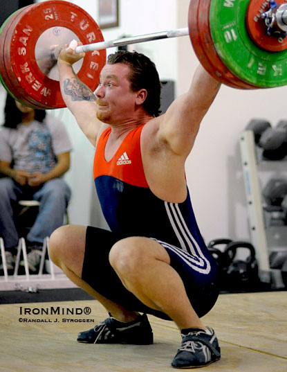 Donny Shankle stuck this 150-kg snatch at the Cal Strength Classic last Sunday in San Ramon, which he followed with a 200-kg clean and jerk.  Put 10 kg on Donny Shankle’s best training lifts and he’s a medal contender at the big international weightlifting contests.  IronMind® | Randall J. Strossen photo.