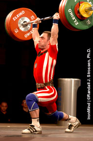 Vitali Dzerbianiou (Belarus) looked like he had this 153-kg jerk, but he ran out of platform trying to save it. IronMind® | Randall J. Strossen, Ph.D. photo.