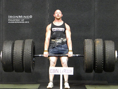 Eben Le Roux on his way to winning the deadlift event at the Fit X Strongman Championships in Melbourne, Australia.  IronMind® | Courtesy of aussiepower.biz.