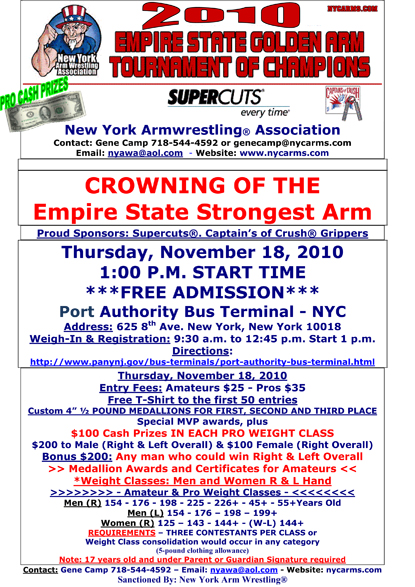 Mike Avello, Travis Bagent, Josee Morneau and Mike Selearis are among the big names expected to compete at the Empire State Gold Arm Tournament of Champions.  IronMind® | Courtesy of New York Armwrestling Association.