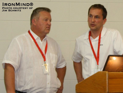 As part of the weekend’s seminar, “Frank Mantek (left) and Michael Vater (right) conducted a lecture on German elite team ‘training methods.’”  IronMind® | Photo courtesy of Jim Schmitz.