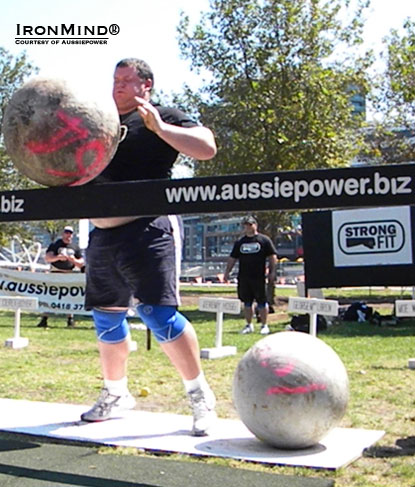 “George MacLaren, a 170-kg and 193-cm giant of a man, and at 26 years of age, he has a bright future in strongman . . . Halfway through his stone run,” Bill Lyndon said.  IronMind® | Courtesy of Aussiepower.