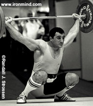 They might not say "cowboy up" in Georgia, but that's what they do: Instead of whining about his poor lockout, Georgi Asanidze (Georgia) snatched a world record 181 kg as an 85-kg lifter at the 2000 European Weightlifting Championships (Sofia, Bulgaria). IronMind® | Randall J. Strossen photo.