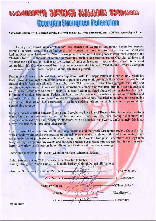 The Georgian Strongman Federation has outlined its grievances with strongman promoter Vlad Redkin and presented them in this formal statement.  IronMind® | Courtesy of the Georgian Strongman Federation.