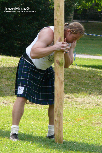 Gunnar Pfingsten, winner of the 2010 German Highland Games Championships gets ready to pick the caber.  IronMind® | Robert Katenbeisser photo.