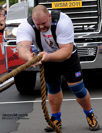 Iceland’s Hafthor Julius Bjornsson is huge even by World’s Strongest Man standards and he put that horsepower to good use as he won the Truck Pull today.  IronMind® | Randall J. Strossen photo.