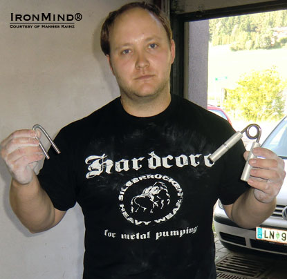 Doubling up, Hannes Kainz is the first man in the world to certify IronMind Captains of Crush® No. 3 Gripper and on the IronMind Red Nail on the same day.  Hannes stands 1.75 m (5’ 9”) tall and weighs 110 kg (242 lb.)  IronMind® | Photo courtesy of Martin Ziegler.