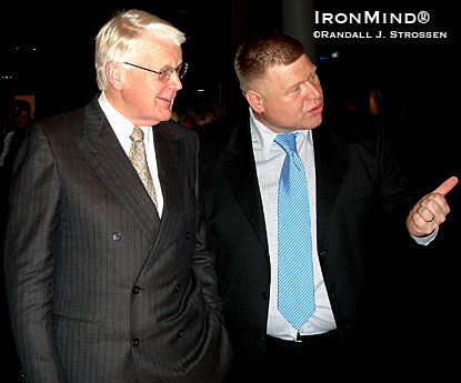 Icelandic president Olafur Ragnar Grimsson (left) was among the guests at the premiere of the Jon Pall Sigmarsson documentary in Reykjavik in 2006, telling you something about Hjalti Arnason’s (right) ability to organize high-profile events.  IronMind® | Randall J. Strossen photo.