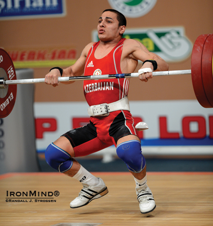 Valentin Hristov races under 155 kg: he won all three gold medals in the 56-kg category at the 2012 European Weightlifting Championships.  IronMind® | Randall J. Strossen photo.