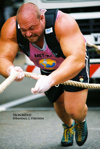 Quebec's own Hugo Girard, embodying the very face and force of a traditional strongman, figured prominently in the recent poll of top strongmen worldwide. This is a particular strong testament to Girard's stature in the strongman world because this high ranking arose despite his limited ability to compete recently, following two very serious back-to-back injuries. IronMind® | Randall J. Strossen, Ph.D. photo.