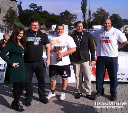 Left to right: Mrs. Ildiko Buranits, Zydrunas Savickas, Zsolt Szabo, Dr. Janos Vaczi and Adam Daruzs. Zsolt Szabo won the qualifier held in Budapest at the Hegyvidek–Fitparade expo, where Zydrunas Savickas was the head judge, and his prize package included a plane ticket to Columbus, Ohio for the Arnold.  Photo courtesy of Adam Darusz.