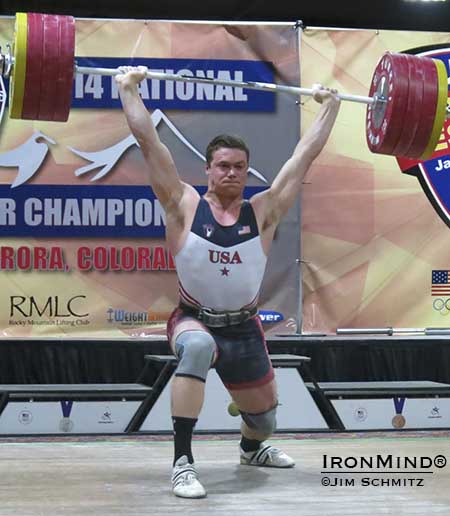 Ian Wilson stuck this 205-kg clean and jerk yesterday, as part of his record-breaking spree at the USA National Junior Weightlifting Championships.  IronMind® | Photo courtesy of Jim Schmitz