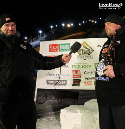Ilkka Kinnunen (left) interviews IceMan III winner Zydrunas Savickas earlier this year.  The Big Z has won all three editions of the IceMan to date.  IronMind® | Photo courtesy of SCL. 